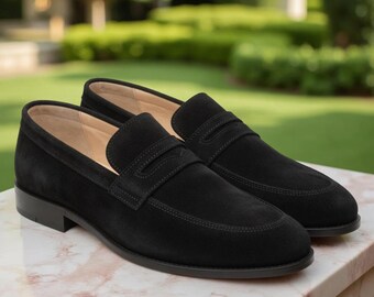 Men's Black Suede Penny Loafers – Handmade Slip On Dress Shoes – Custom Leather Formal Wear