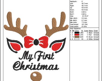 My First Christmas Embroidery, Baby Christmas Reindeer File, Holiday Bow Deer Stitch, Newborn Design