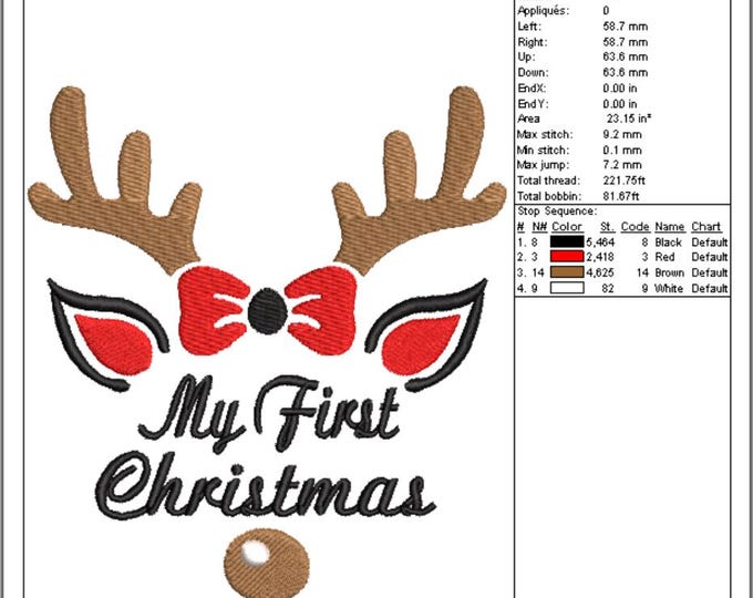 My First Christmas Embroidery, Baby Christmas Reindeer File, Holiday Bow Deer Stitch, Newborn Design