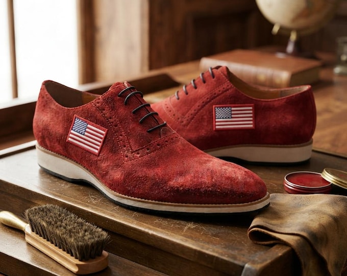 Red Suede Derby Shoes for Men, Handmade Leather Brogue Shoes, Custom Dress Shoes, Patriotic American Flag Shoes, Wedding & Formal Footwear