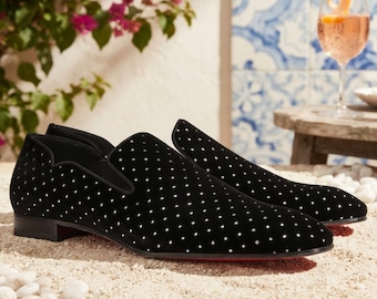 Black Velvet Loafers for Men, Rhinestone Slip On Dress Shoes, Crystal Formal Party Wedding Shoes