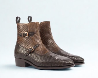 Handmade Brown Python Print Leather Monk Strap Boots | Exotic Men's Dress Boots | Luxury Formal Ankle Boots | SS Shoemaker