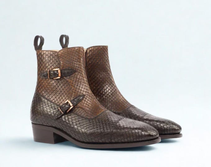 Handmade Brown Python Print Leather Monk Strap Boots | Exotic Men's Dress Boots | Luxury Formal Ankle Boots | SS Shoemaker