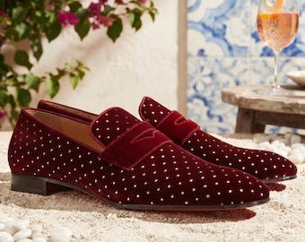 Burgundy Velvet Loafers, Rhinestone Slip-On Dress Shoes for Men