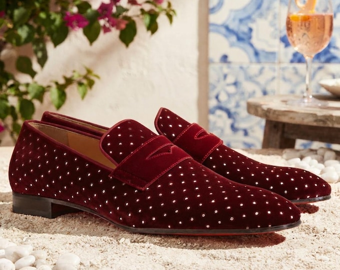 Burgundy Velvet Loafers, Rhinestone Slip-On Dress Shoes for Men