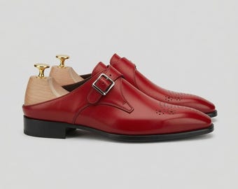 Handmade Red Leather Single Monk Strap Shoes, Italian Style Formal Dress Footwear