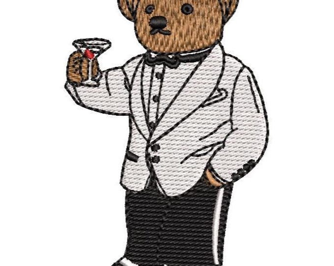 Tuxedo Bear Embroidery Design: Martini Bear Pattern