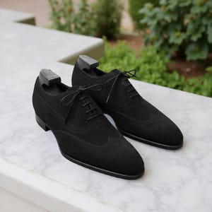 Handmade Black Suede Wingtip Oxford Shoes: Luxury Leather Brogues
