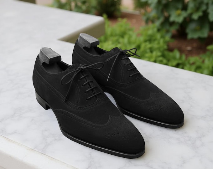 Handmade Black Suede Wingtip Oxford Shoes: Luxury Leather Brogues