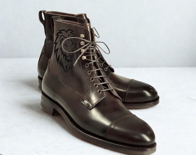 Handmade Embroidered Lion Leather Boots: Dark Brown Cap Toe Ankle Boots