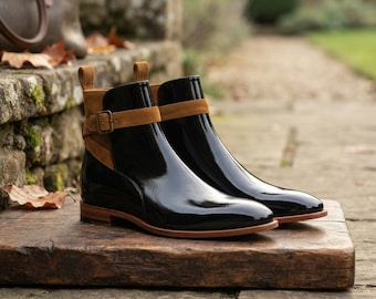 Black Patent & Tan Suede Boots, Handmade Mens Dress Ankle Boots, Buckle Strap Luxury Footwear,