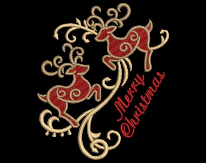 Merry Christmas Deer Embroidery Design | Reindeer Redwork Stitch | Holiday Jumping Deer Pattern