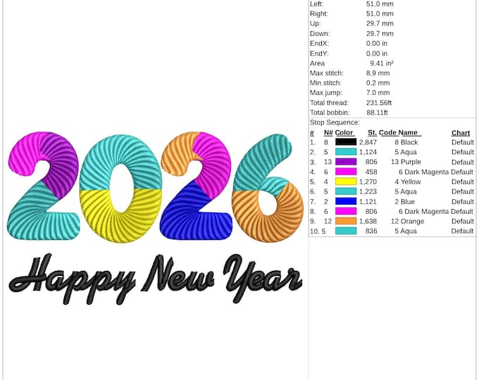 2026 Happy New Year Embroidery Design – Digital Machine Embroidery File