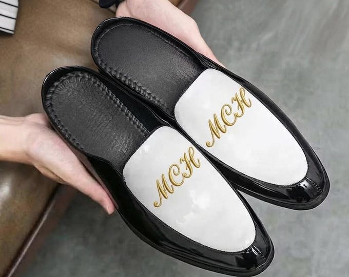Personalized Leather Mule Loafers, Custom Monogram Backless Shoes, Handmade Slip On Footwear