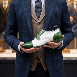 Two-Tone Green & White Leather Oxford Brogues: Handmade Wingtip Shoes