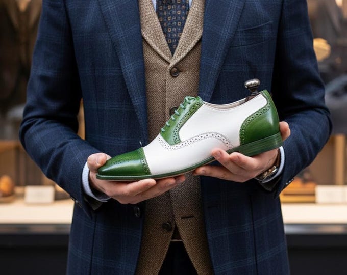 Two-Tone Green & White Leather Oxford Brogues: Handmade Wingtip Shoes