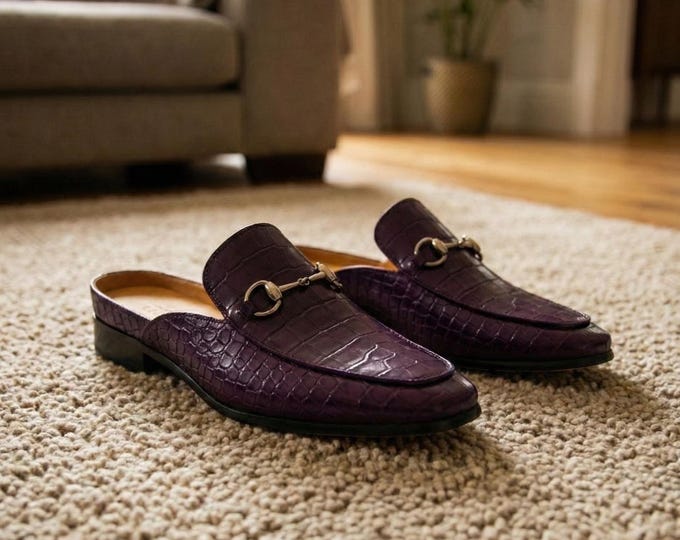 Men's Purple Croc Leather Mules – Handmade Horsebit Slip-On Loafers, Designer Slides