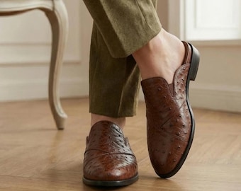Men's Brown Ostrich Leather Mule Shoes | Luxury Slip-On Loafers, Backless Dress Mules