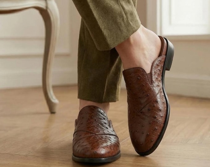 Men's Brown Ostrich Leather Mule Shoes | Luxury Slip-On Loafers, Backless Dress Mules