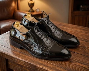 Handmade Black Patent Leather Oxford Dress Shoes: Crocodile Embossed Wedding Shoes