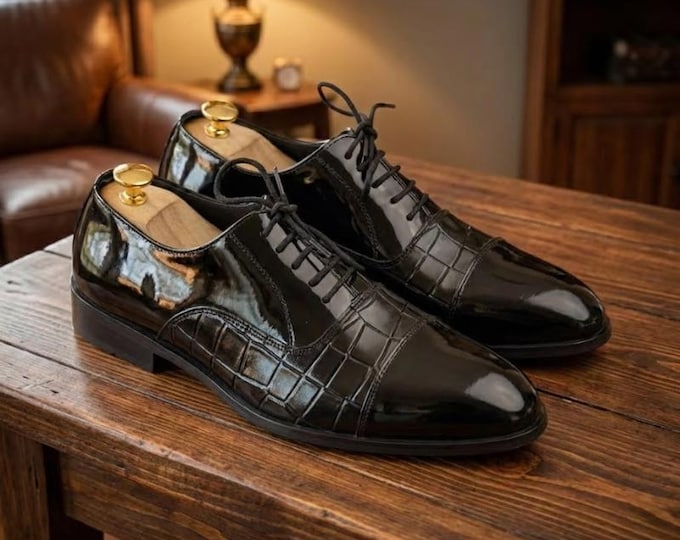 Handmade Black Patent Leather Oxford Dress Shoes: Crocodile Embossed Wedding Shoes