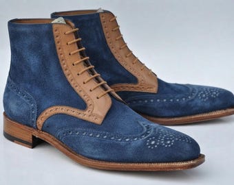 Men's Blue Suede Brogue Boots, Wingtip Ankle Boots, Handmade Leather Boots, Two Tone Dress Boots, Lace Up Boots, Goodyear Welt Boots