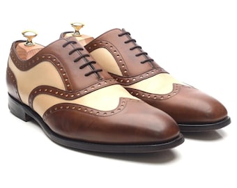 Two-Tone Spectator Oxford Dress Shoes – Handmade Men's Wingtip Brogues Leather Shoes