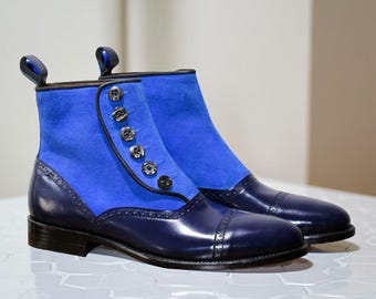 Handmade Two-Tone Blue Leather Boots | Men's Victorian Style Leather & Suede Ankle Boots | Vintage Inspired Formal Dress Boots