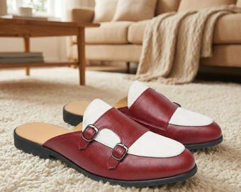 Handmade Red White Leather Mules – Men's Two-Tone Monk Strap Loafers