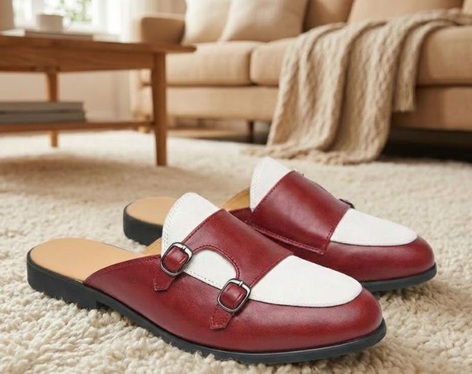 Handmade Red White Leather Mules – Men's Two-Tone Monk Strap Loafers