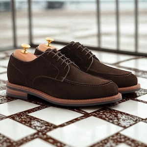 Handmade Brown Suede Derby Shoes: Goodyear Welt Apron Toe Dress Shoes