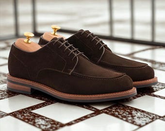 Handmade Brown Suede Derby Shoes for Men | Apron Toe Lace-Up Dress Shoes | Goodyear Welt Formal Footwear | SS Shoemaker Luxury Men’s Shoes