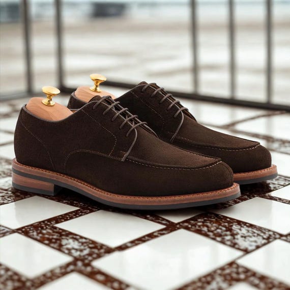 Handmade Brown Suede Derby Shoes: Goodyear Welt Apron Toe Dress Shoes
