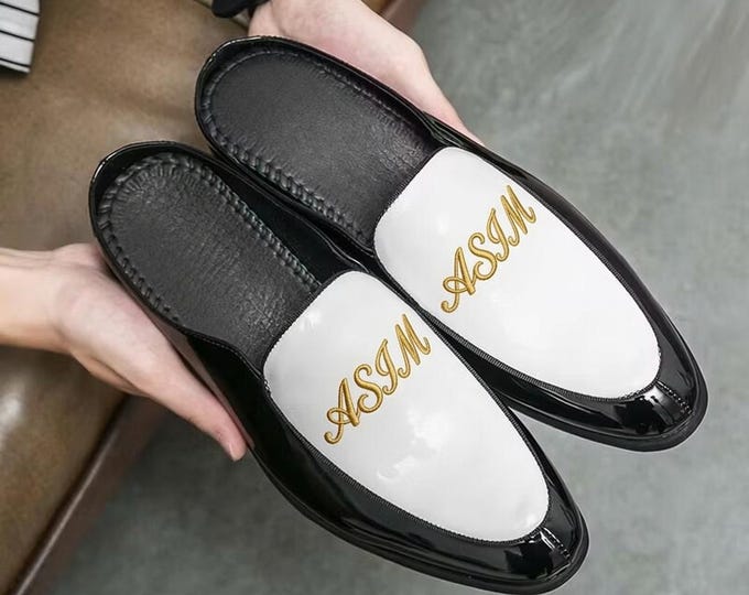 Personalized Leather Mule Loafers, Custom Monogram Backless Shoes, Handmade Slip On Footwear
