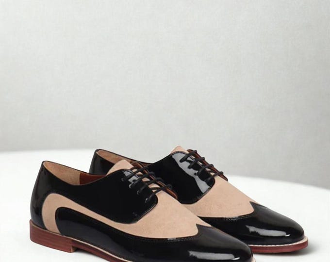 Two-Tone Oxford Dress Shoes: Black Patent & Beige Suede Wingtips