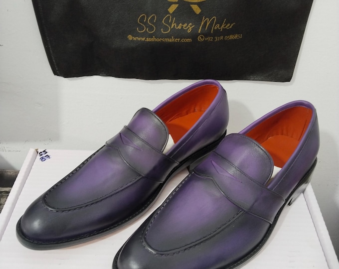 Handmade Navy Blue Penny Loafers: Full-Grain Leather Slip-On Dress Shoes