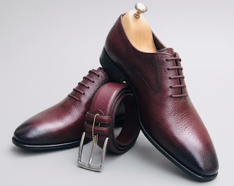 Men’s Burgundy Leather Oxford Shoes, Handmade Formal Dress Shoes, Matching Leather Belt, Elegant Wedding Shoes for Men, Custom Footwear