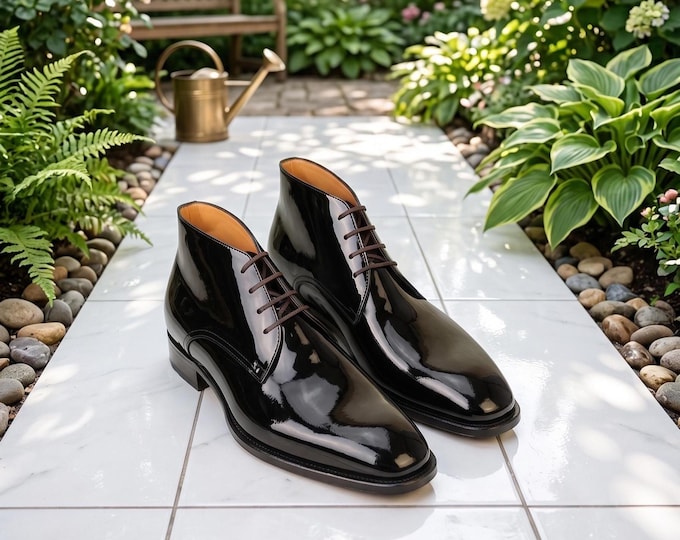 Men's Black Patent Leather Chukka Boots, Formal Lace-up Wedding Shoes