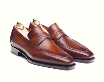 Handmade Brown Leather Loafers for Men | Classic Penny Loafers | Custom Slip-On Dress Shoes | Formal & Casual Leather Footwear