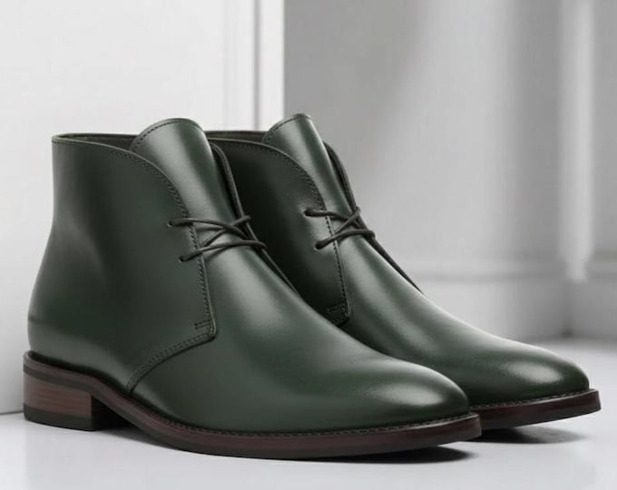 Handmade Green Leather Chukka Boots | Men's Ankle Dress Boots