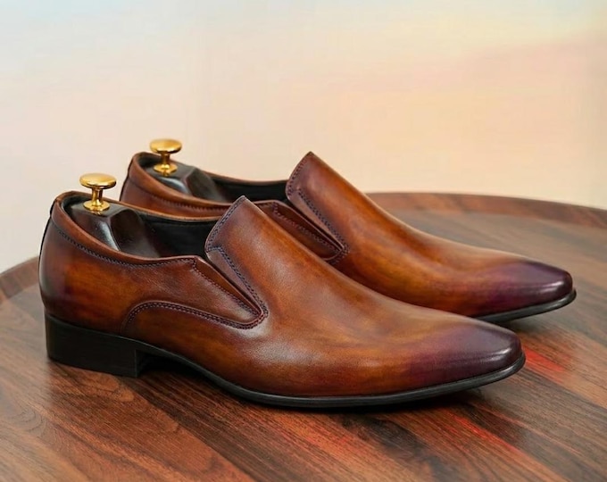 Hand-Burnished Brown Leather Slip-On Loafers – Men's Formal Dress Shoes