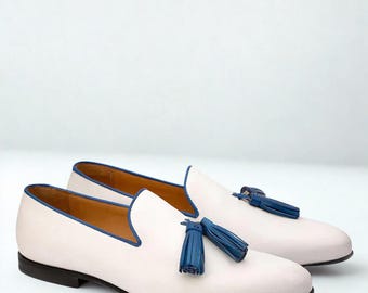 Handmade White Leather Tassel Loafers: Navy Blue Accent Wedding Shoes