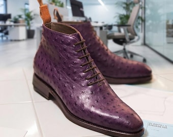 Purple Leather Ankle Boots for Men, Ostrich Pattern Dress Boots, Handmade Luxury Boots, Lace Up Boots, Custom Leather Shoes