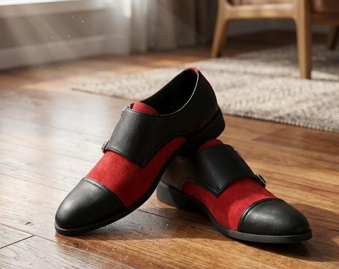 Men's Black Red Leather Monk Strap Cap Toe Shoes – Two Tone Formal Dress Footwear
