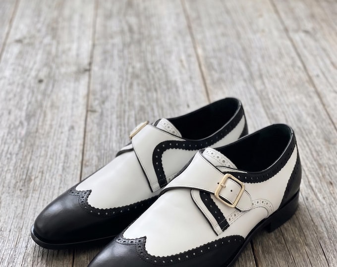 Handmade Black White Spectator Monk Strap Shoes – Wingtip Brogue Leather Dress Shoes