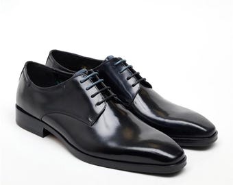 Handmade Black Patent Leather Derby Shoes: Glossy Wedding Oxfords
