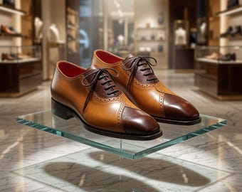 Handmade Two-Tone Leather Oxford Shoes: Tan & Brown Brogues