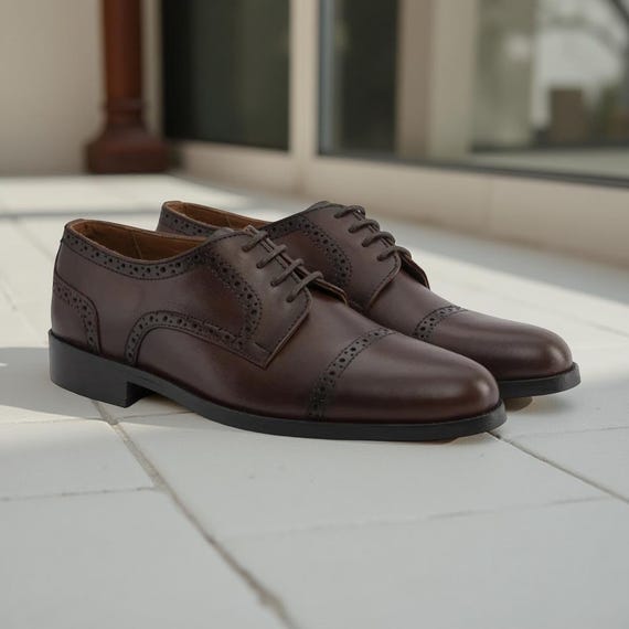 Classic Men\'s Brown Leather Brogue Oxford Shoes Cognac Classic Brogue Derby – Premium Men main image 4