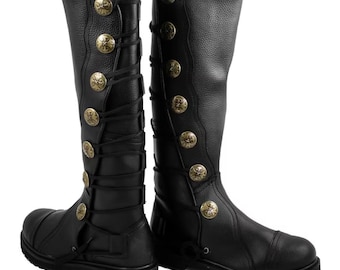 Premium Black Leather Knee-High Boots | Handmade Medieval Steampunk Cosplay Footwear | Boots For Mens & Womens