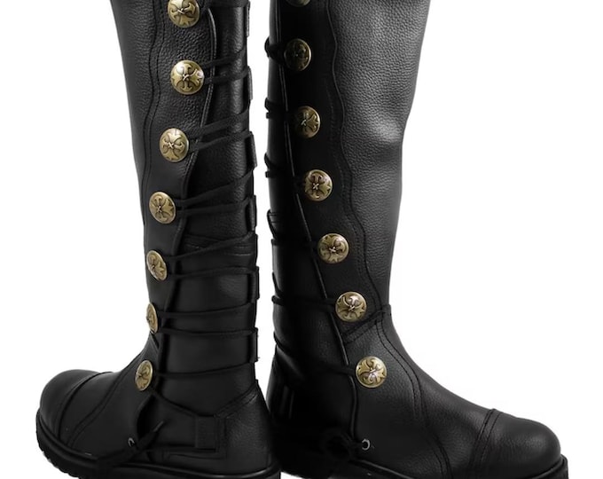 Premium Black Leather Knee-High Boots | Handmade Medieval Steampunk Cosplay Footwear | Boots For Mens & Womens